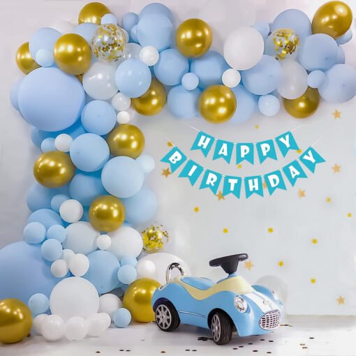 Pastel Theme Birthday decoration for Kids with happy birthday banner Blue, gold and white Pack of -63 - Image 5
