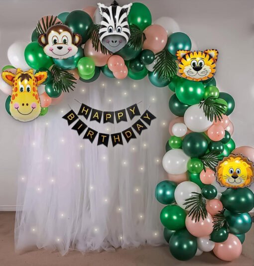 Jungle Theme DIY Birthday Decoration Items for Kids Party Décor with White Net Curtains and Fairy Lights Backdrop Green, Peach, White , Light Green Pack of -56