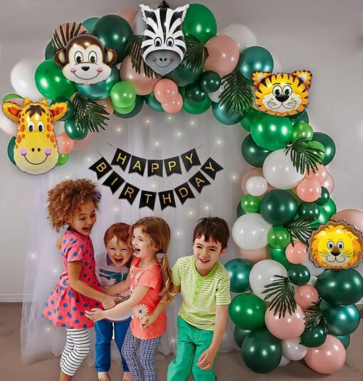 Jungle Theme DIY Birthday Decoration Items for Kids Party Décor with White Net Curtains and Fairy Lights Backdrop Green, Peach, White , Light Green Pack of -56 - Image 5
