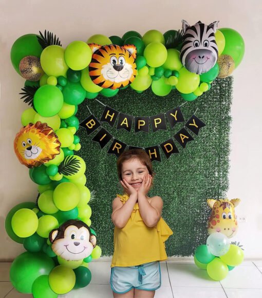 Jungle theme birthday decoration for kids with jungle faces foil balloon. Green Pack of -61 - Image 4