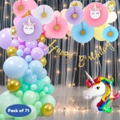 Happy birthday Net Curtain , Paper Fan , LED Light 71 Pcs Combo for Kids Unicorn Paper Fan pastel d?corbirthday party first 1st , 2nd, 5th , 10th