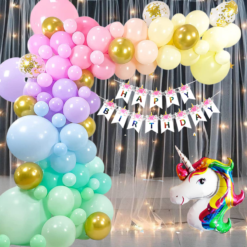 Happy birthday Net Curtain , LED Light 72 Pcs Combo for Kids Unicorn pastel d?corbirthday party first 1st , 2nd, 5th , 10th