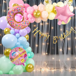 Happy birthday Net Curtain , LED Light 73 Pcs Combo for Kids pastel d?cor Donut Theme  birthday party first 1st , 2nd, 5th , 10th