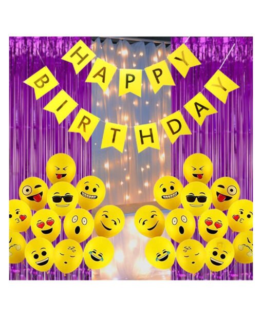 Happy Birthday Decoration Kit Combo Set Emoji Smiley Balloons Fairy LED Light Foil Curtains Banner Girls Boys Kid Yellow Purple - Pack Of 54 - Image 2