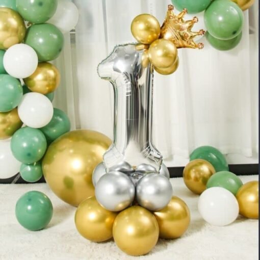 16pcs Silver and Golden Balloons Set Large Number 1 (32-Inch) with Golden Crown for Birthday Decorations for Girl Boy 1st Birthday Theme Foil Balloons