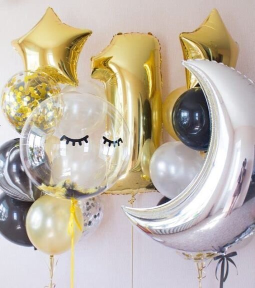 16pcs Balloons Set Large Golden Number 1 for Birthday Decorations with Bobo balloon Moon and Star for Girl Boy Theme party Foil Balloons | 1st Birthday Decoration Set for Party Celebration