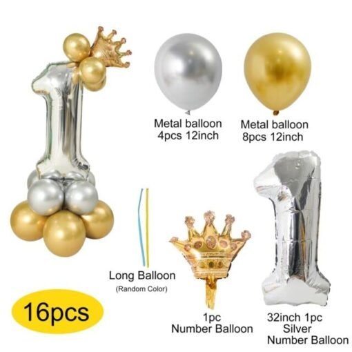 16pcs Silver and Golden Balloons Set Large Number 1 (32-Inch) with Golden Crown for Birthday Decorations for Girl Boy 1st Birthday Theme Foil Balloons - Image 2