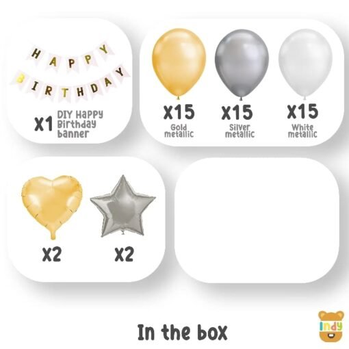 White Cardboard Happy Birthday 13 Letters Banner String , Silver Star, Gold Heart, Gold White & Silver Metallic Foil Balloons Theme Backdrop - Image 2