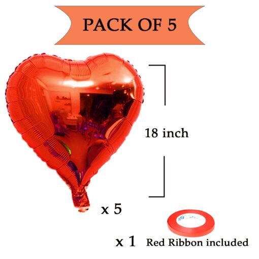 (Pack of 5) 18 Inch Red Heart Shaped Balloons, Heart shape balloons for decoration, Red heart balloons for decoration, Red heart foil balloons, valentine balloons decoration - Red - Image 2