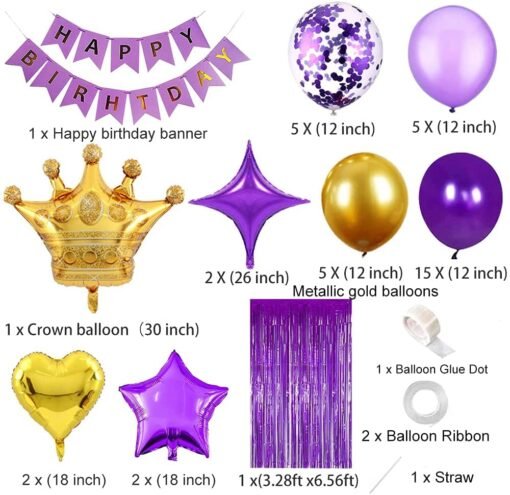 Purple Gold Birthday Decoration for Women Girls Boys Kids Men, Decor Set for Him Her, Birthday Banner, chrome Gold, Confetti, Purple, Foil Balloons, Curtain, Crown for Birthday Party - Image 2