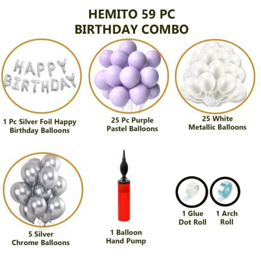 59 Pc Birthday Decoration Kit – Purple Pastel White Balloons Combo with Birthday Foil Balloons, Arc, Glue Dot for girls Kids Baby Birthday Decoration Items | Birthday Decoration Combo - Image 2