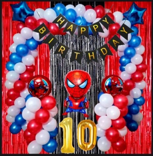 10th Happy Birthday Decoration Items Spider Theme Combo Pack of 57 Pcs for Boys, Girls, Kids Spider Theme Birthday Party Decorations, Spider Balloons For Birthday Decorations