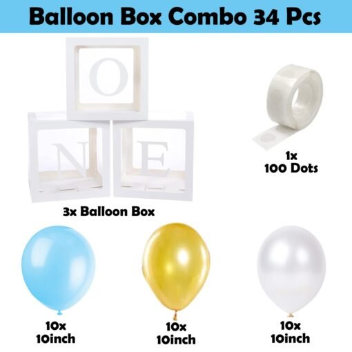 Latex One Box For 1St Birthday - 34 Pcs, Baby Balloon Box For 1St Birthday Decoration With Balloons|First Birthday Decorations Boy|1 Year Birthday Box,Blue - Image 2