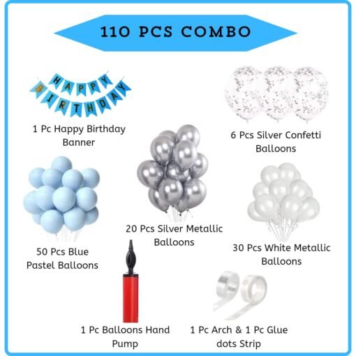 Birthday Decoration Items - 110 Pcs Birthday Decoration Kit - Happy Birthday Banner, Silver Confetti Balloons, Blue Pastel Balloons, Metallic Balloons, Arch Strip, Glue Dot Strip, Balloons Pump - Image 2
