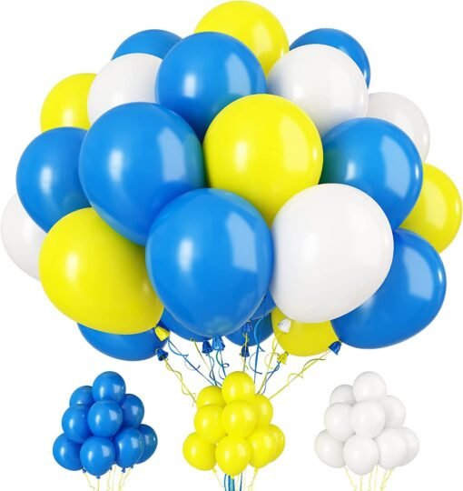 30 Pcs Blue and Yellow Balloons, 30 Pcs 12 Inch Matte Yellow Blue and White Latex Balloons with Ribbons for Birthday Baby Shower Engagement Anniversary Bridal Shower Party Graduation Decoration