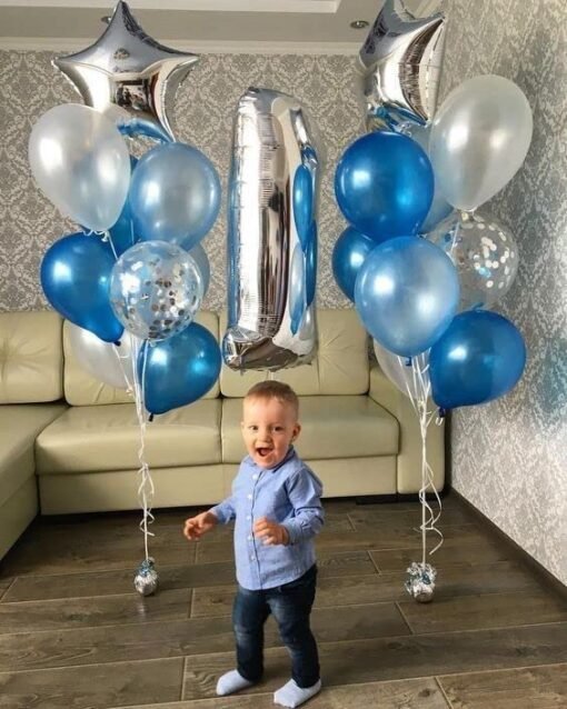 21pcs Silver White and Blue Balloons Set Large Number 1 (32-Inch) with Silver Confetti and Silver Star Foil for Birthday Decorations for Girl Boy 1st Birthday Theme Foil Balloons