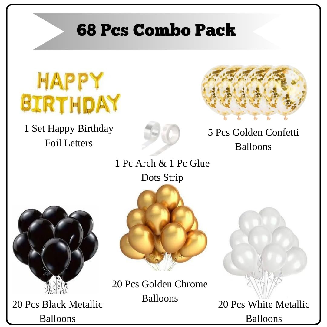 Birthday Decoration Items - 68 Pcs Birthday Decoration Kit - Happy Birthday Foil Balloons, Golden Confetti Balloons, Golden Chrome Balloons, Metallic Balloons, Arch Strip, Glue Dot Strip - Image 2