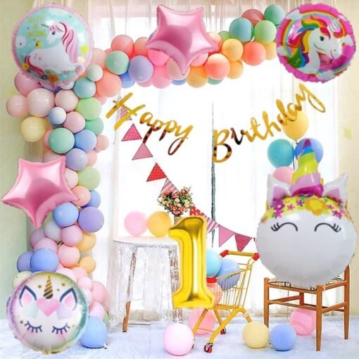 No 1 Gold Balloons with Unicorn Party Theme Birthday Decoration Items or Kit Gold Cursive Happy Birthday Banner Set of 13 Letters with 30 HD Mix Pastel Balloons birthday celebration Decoration + 18 " inch 3 Pcs Unicorn head Foil & 32" Inch 1 Pc Big Head Round Shape Unicorn Foil Balloons for House Party Supplies Decoration for Boys ,Girls & Kids Baby Shower + 18" Inch 2 Pcs Rose Pink Star Shape Foil Balloons + 1st Birthday or 1st Year Birthday Gold Foil Balloons (Pack of 50)