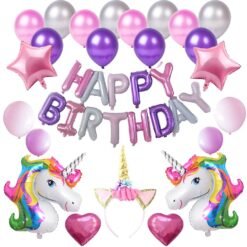 Unicorn Theme Birthday Decorations Items Combo Set - 28Pcs Kit with Foil Balloon, Hear Band, Metallic Balloons - Happy Birthday Decoration Kit for Girls / Unicorn Birthday Decorations