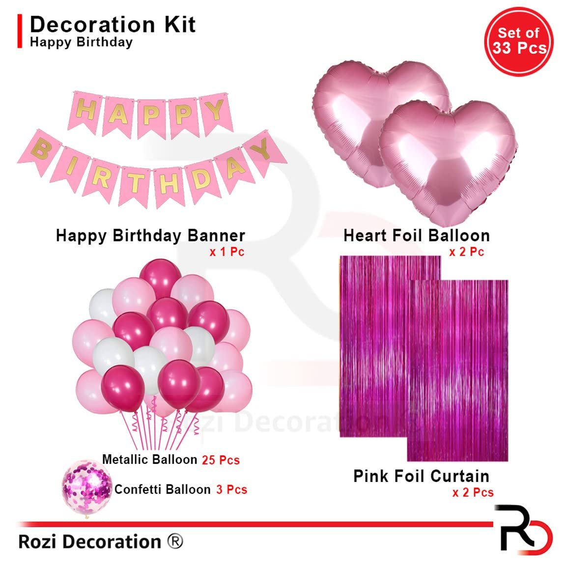 Happy Birthday Party Decoration Combo Set Contains Banner, Confetti Metallic Balloons, Foil Fringe Curtain | Pink Theme Pack of 33 Pcs - Image 2