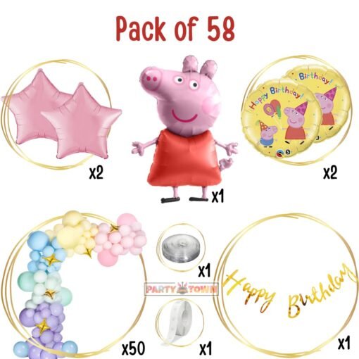 Peppa pig theme balloon decoration combo for kids, boys and girls for 1st, 2nd, 3rd, 4th, 5th birthday party with Pastel balloon garland arch kit(Pack of 58) (Peppa pig)(Aluminium) - Image 2
