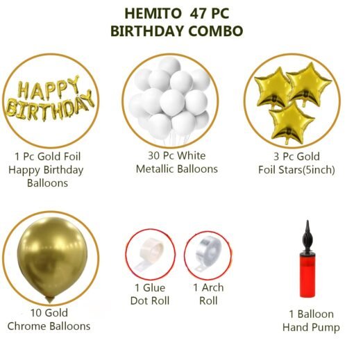 Birthday Decoration Kit 47 pc – Gold Chrome White Metallic Balloons Combo with Birthday Foil Balloons, Arc, Glue Dot for girls Kids Baby Birthday Decoration Items | Birthday Decoration Combo - Image 2