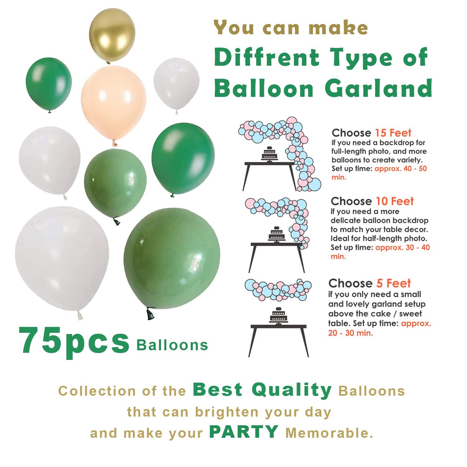 Balloons Garland Arch Kit- Green and White 77Pcs for Bride to Be Balloon/Birthday Decorations for Husband Or Wife/30th, 40th, 50th, 60th Bday,Retirement ,Rubber balloon - Image 3