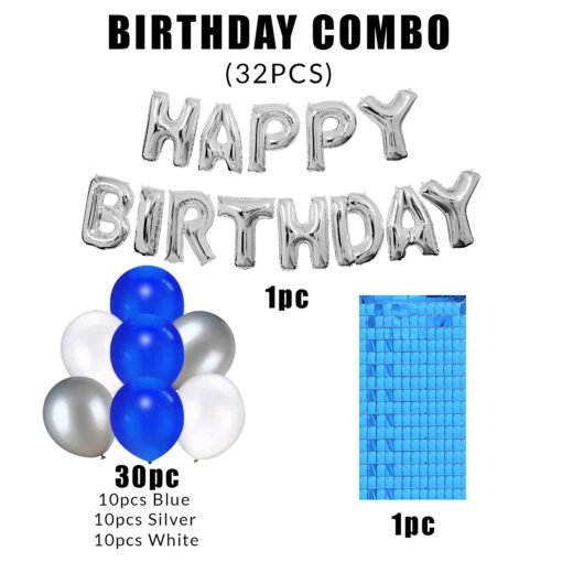 Blue Theme Birthday Decoration-Pack Of 32 Pcs Blue Square Foil Curtain|Birthday Foil Balloons|Blue,Silver&White Metallic Balloons|Metallic Balloons,Decoration Combo For Boys,Men,Husband - Image 2