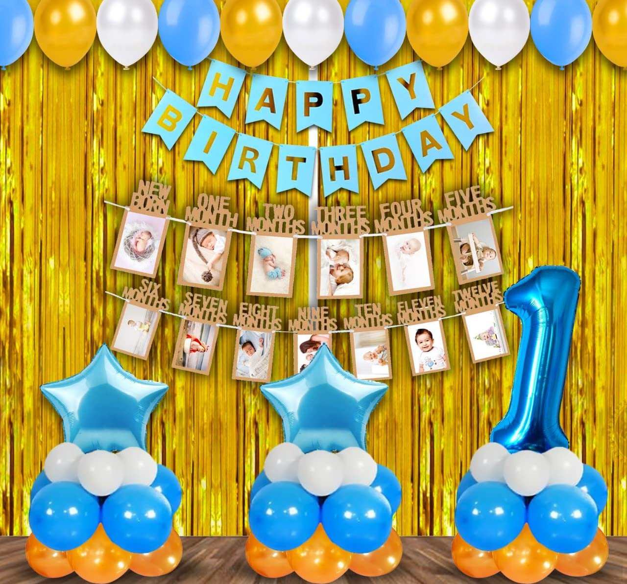 Birthday Decoration kit for 1st Birthday Boys-37Pcs with Foil Curtain / Bday Supplies Items with Blue HBD Bunting, Number Foil Baloons/1st Birth Day Props for Kids, Baby/Newborn Gifts Set