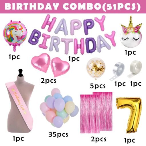 Rubber Unicorn Theme Birthday Decorations Items Combo Set- 7Th Birthday 51Pcs Kit For Happy Birthday Decoration Kit For Girls / Unicorn Birthday Decorations 7 Year Baby ,Multicolor - Image 2