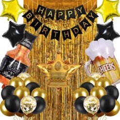 Happy Birthday Banner Decoration Kit - 37Pcs Set for Boys Husband Balloons Decorations Items Combo with Cheers Mug Foil Balloon Crown Foil, Age Perfect, Metallic Balloons With Foil Curtain