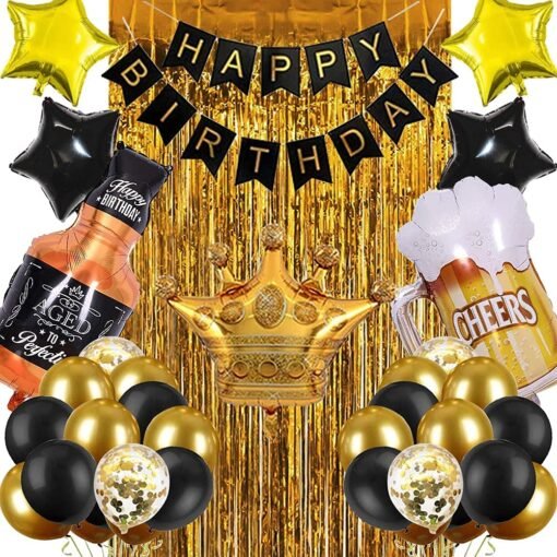 Happy Birthday Banner Decoration Kit - 37Pcs Set for Boys Husband Balloons Decorations Items Combo with Cheers Mug Foil Balloon Crown Foil, Age Perfect, Metallic Balloons With Foil Curtain