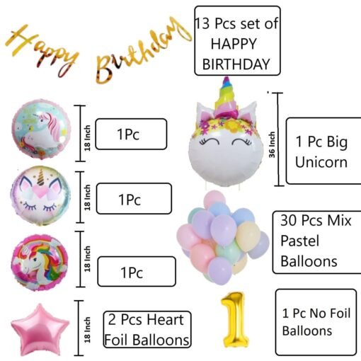 No 1 Gold Balloons with Unicorn Party Theme Birthday Decoration Items or Kit Gold Cursive Happy Birthday Banner Set of 13 Letters with 30 HD Mix Pastel Balloons birthday celebration Decoration + 18 " inch 3 Pcs Unicorn head Foil & 32" Inch 1 Pc Big Head Round Shape Unicorn Foil Balloons for House Party Supplies Decoration for Boys ,Girls & Kids Baby Shower + 18" Inch 2 Pcs Rose Pink Star Shape Foil Balloons + 1st Birthday or 1st Year Birthday Gold Foil Balloons (Pack of 50) - Image 2