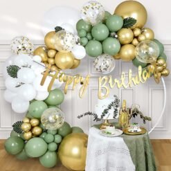 Green White Gold Balloons, Gold Cursive Happy Birthday Decoration Kit With Arch Pack Of 50