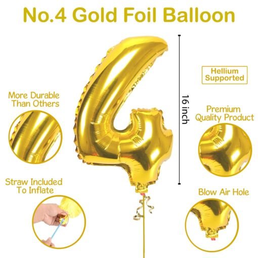 Happy Birthday Decoration Kit Combo - 23Pcs Multicolor 4th Birthday Decoration Combo For Kids With Polka Dotted Balloons, Birthday Foil Balloons, No.4 Golden Foil Balloons - Image 5