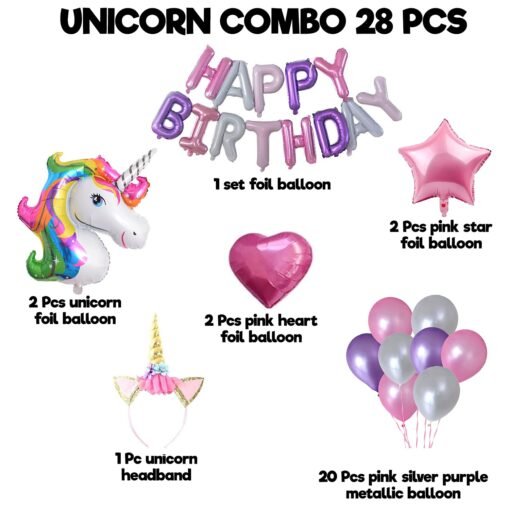 Unicorn Theme Birthday Decorations Items Combo Set - 28Pcs Kit with Foil Balloon, Hear Band, Metallic Balloons - Happy Birthday Decoration Kit for Girls / Unicorn Birthday Decorations - Image 2