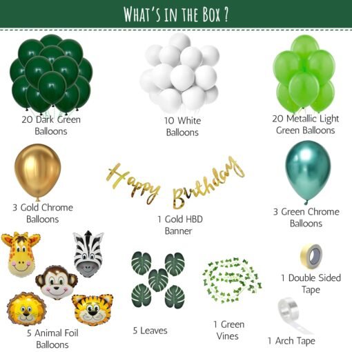 Jungle theme birthday decoration items for kids includes Dark Green, White, Pastel Green, Gold Balloons with Animal Foil balloons, Artificial Green Leaves and green vines- 70 Items - Image 2