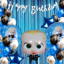 Boss Birthday Decorations for Boy / Girl / 1st Birthday - 60 Balloons, 5pc Baby Foil Set, 1 Banner, 2 Blue Curtains ( Boss Theme Birthday Decorations Combo for 1st Birthday / Boys / Girls )