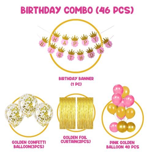 Pink Happy Birthday Decoration Kit for Girls 46pcs Combo Set Banner Golden Foil Curtain Balloon Metallic Confetti Girls Birthday Decoration Items / Kids Birthday Decoration Items - Image 2