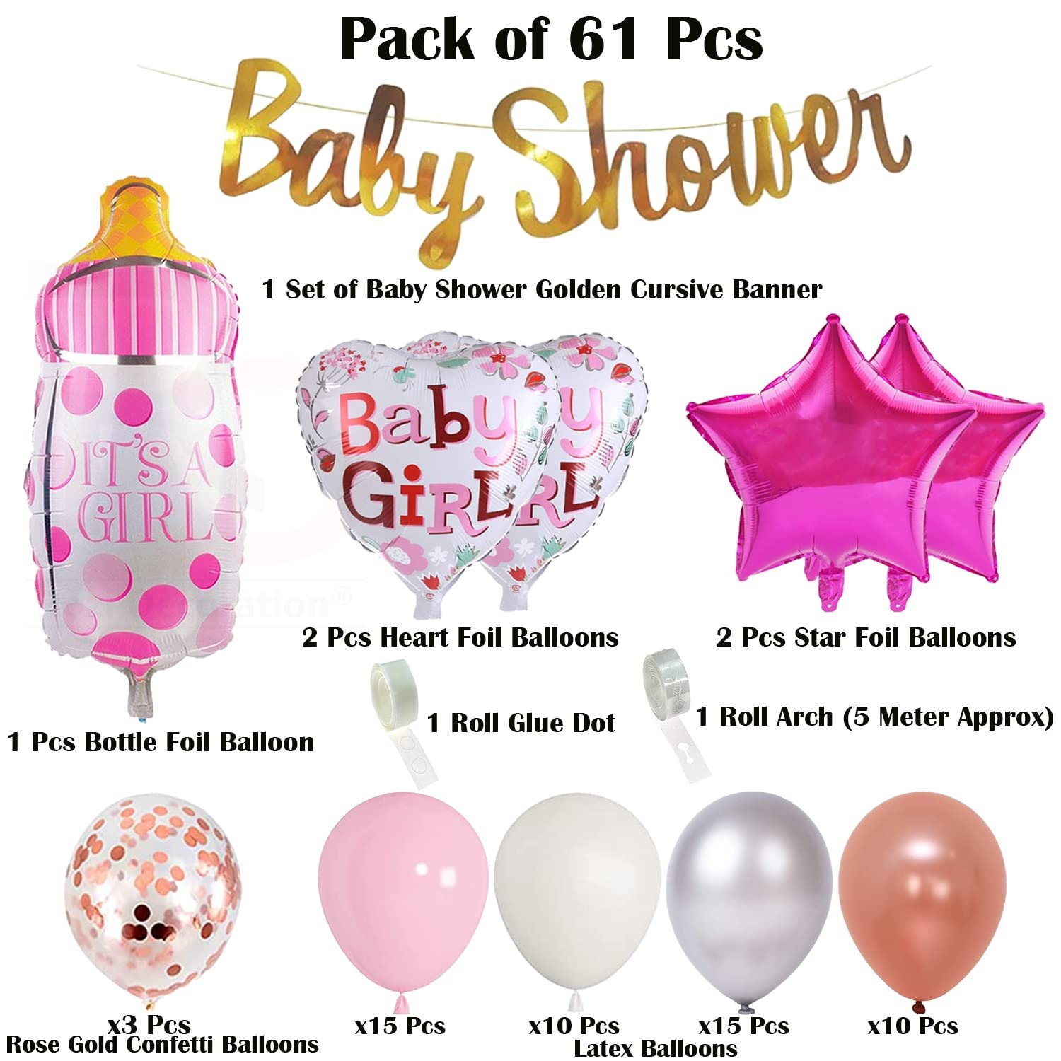 Baby Shower Decorations Items Set Contains Baby Shower Banner, Bottle, Heart & Star Foil Balloons, 50 Latex & 3 Confetti Balloons, Arch and Glue Dots Mom To Be Decoration Items - Image 2
