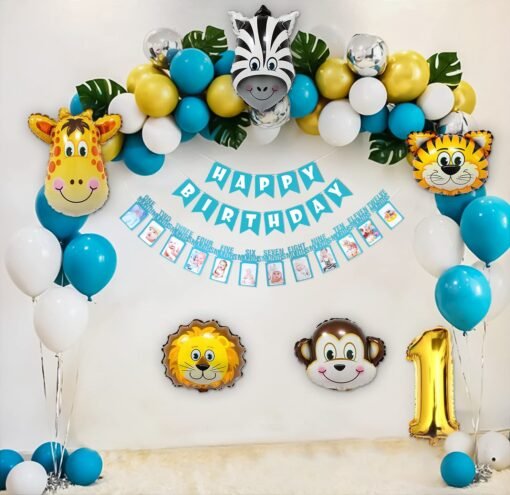 Jungle theme birthday decorations item kit DIY Combo set with Monthly Banner, animal foil balloons, palm leaves and Blue and White Balloons- 52 Pcs