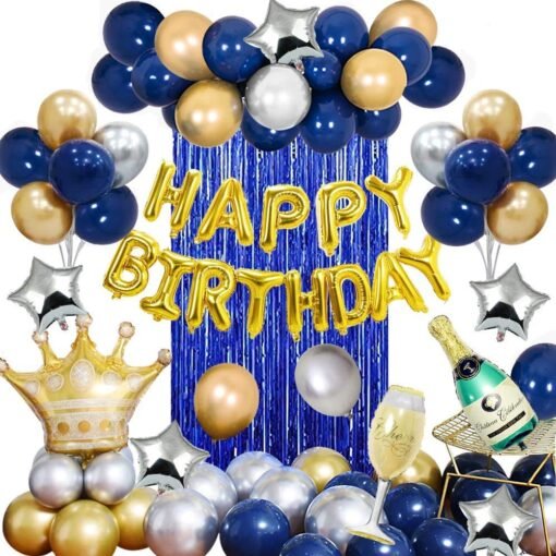 Birthday Decorations Silver Blue and Gold Balloons 62Pcs for Adult With Happy Birthday Banner Crown Champagne Balloons for 18th 21st 30th 40th 50th 60th 70th Decor - Image 4