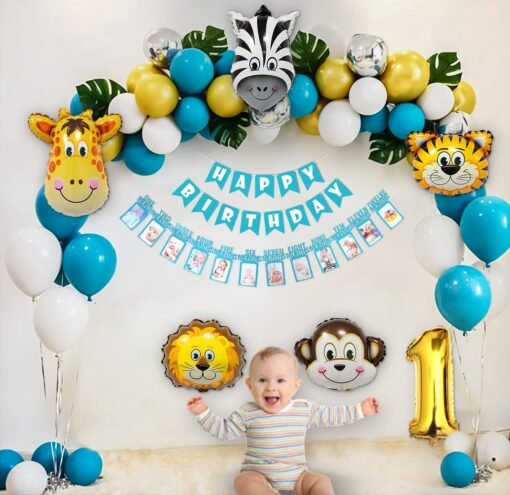 Jungle theme birthday decorations item kit DIY Combo set with Monthly Banner, animal foil balloons, palm leaves and Blue and White Balloons- 52 Pcs - Image 3