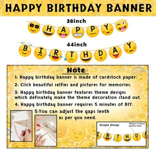 Emoji Theme Birthday Decoration Kit - Pack of 54Pcs, Smiley Birthday Theme For Kids | Smiley Balloons for Birthday Decoration | Happy Birthday Banner(Cardstock) | Birthday Decoration Kit - Image 3