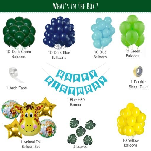 Birthday Decoration Kit with Jungle Theme Decoration Items for boy with dark green navy blue, green, sky blue and yellow balloons with animal foil balloon & artificial leaves set- 59 pcs - Image 2