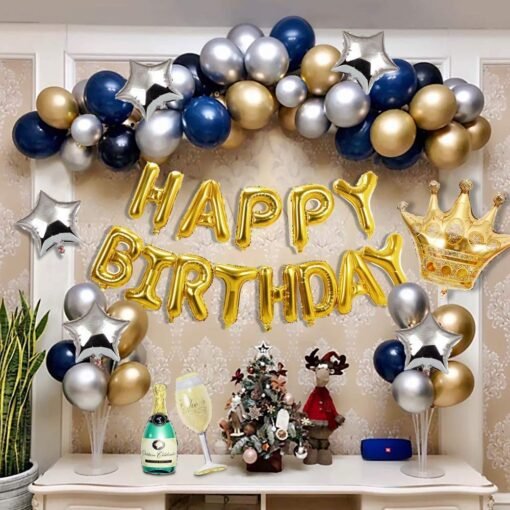 Birthday Decorations Silver Blue and Gold Balloons 62Pcs for Adult With Happy Birthday Banner Crown Champagne Balloons for 18th 21st 30th 40th 50th 60th 70th Decor - Image 3