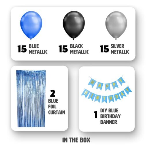 Set of 60 Pcs - 15 Blue 15 Silver & 15 Black Metallic Balloons, Blue Happy Birthday Banner, 2 Blue Curtains Theme Backdrop - Image 2