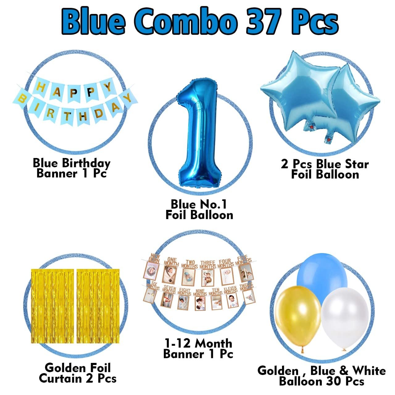 Birthday Decoration kit for 1st Birthday Boys-37Pcs with Foil Curtain / Bday Supplies Items with Blue HBD Bunting, Number Foil Baloons/1st Birth Day Props for Kids, Baby/Newborn Gifts Set - Image 2