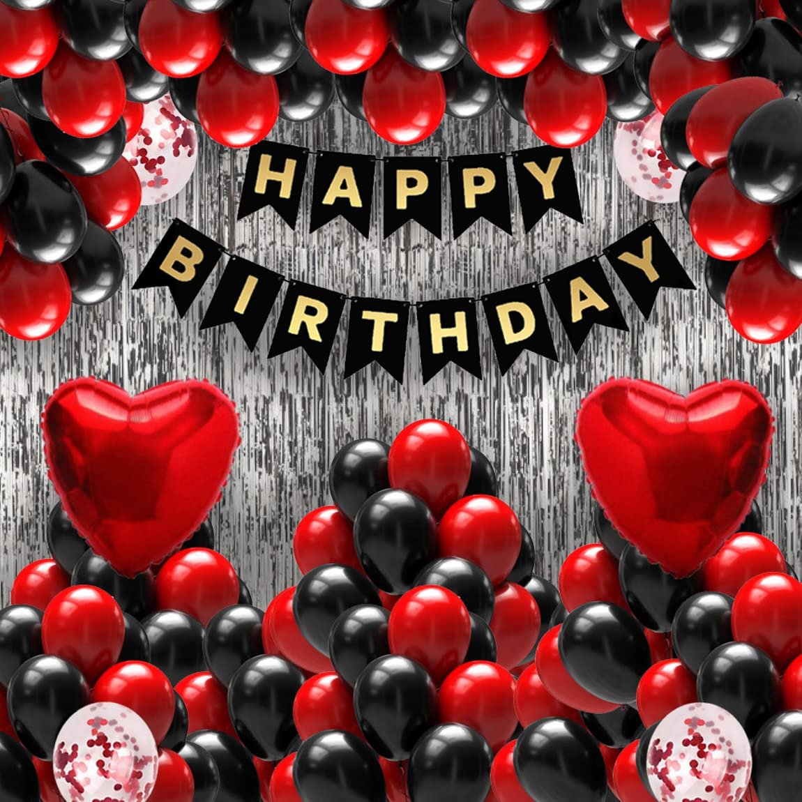 Happy Birthday Decoration Combo of 5 Items / Birthday Party Decoration Black and Silver Theme. Pack of 33 Pcs Material Rubber and Foil