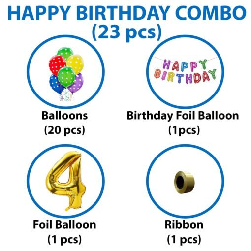 Happy Birthday Decoration Kit Combo - 23Pcs Multicolor 4th Birthday Decoration Combo For Kids With Polka Dotted Balloons, Birthday Foil Balloons, No.4 Golden Foil Balloons - Image 2
